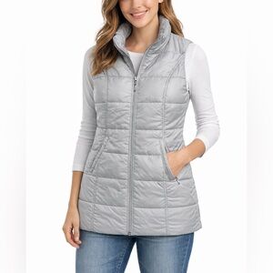 Anorak Long Quilted Puffer Vest NWOT Light Gray Silver Medium Longline